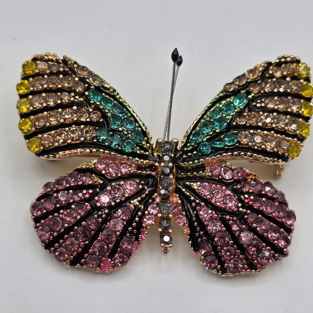 Multicolor Rhinestone Butterfly Brooch Gold Tone Crystal Insect Pin 2 Inch